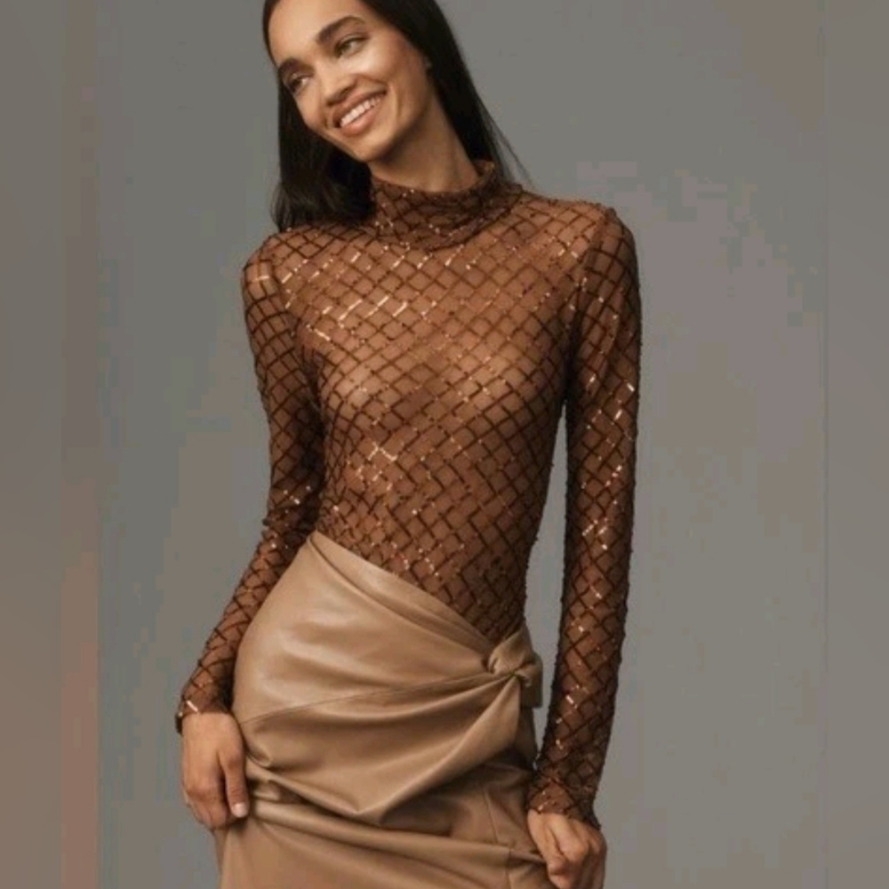 Anthropologie Pilcro Shimmering Sequins Brown Mesh Top.